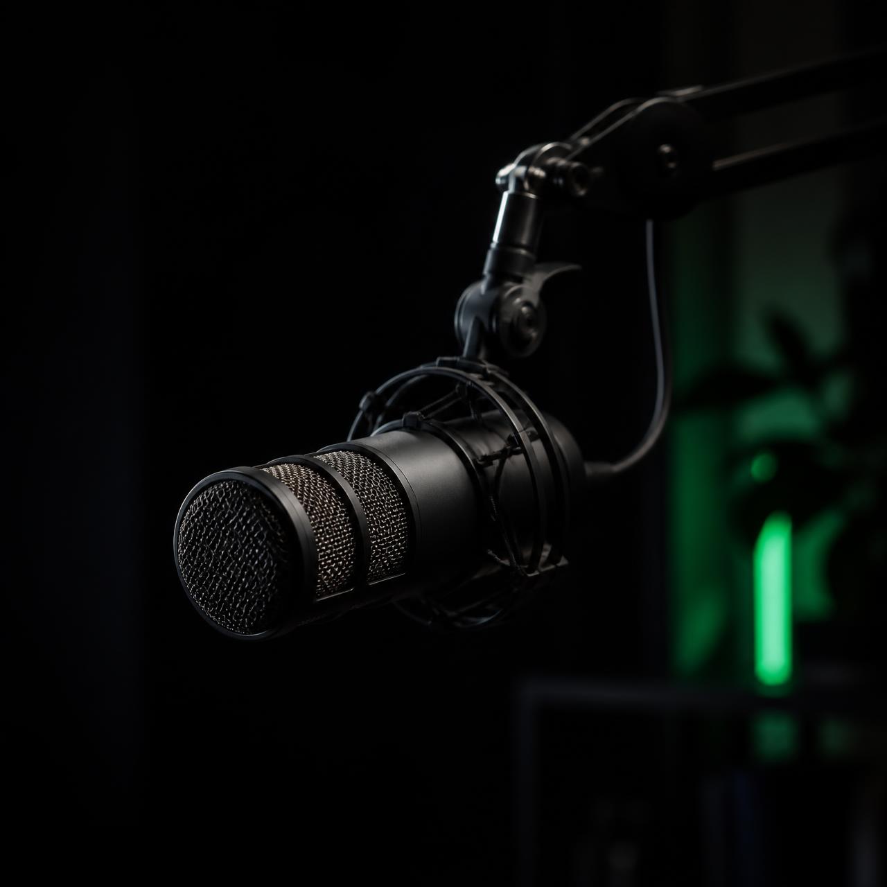 Broadcast microphone in a darkened podcast studio